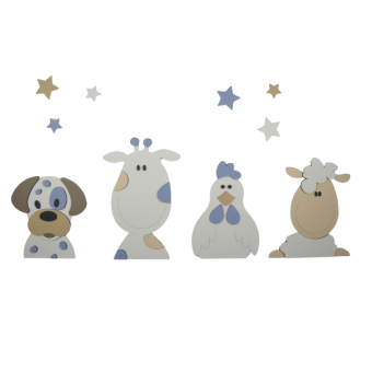 Houten muursticker - Boerderijdieren (4 stuks): kip-koe-hondje-schaap - beige met te kiezen kleur (80x30cm) - sterren optioneel